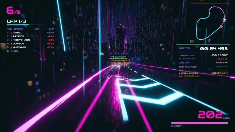 Racer at 202 MPH on full boost between pink rails, a rival tagged just ahead
