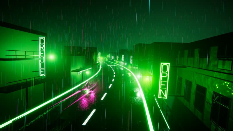 A hover racer down a French Quarter street of balconies and green neon signs in the rain