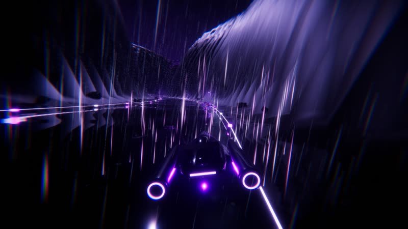 Racer on the river between towering canyon walls in purple light