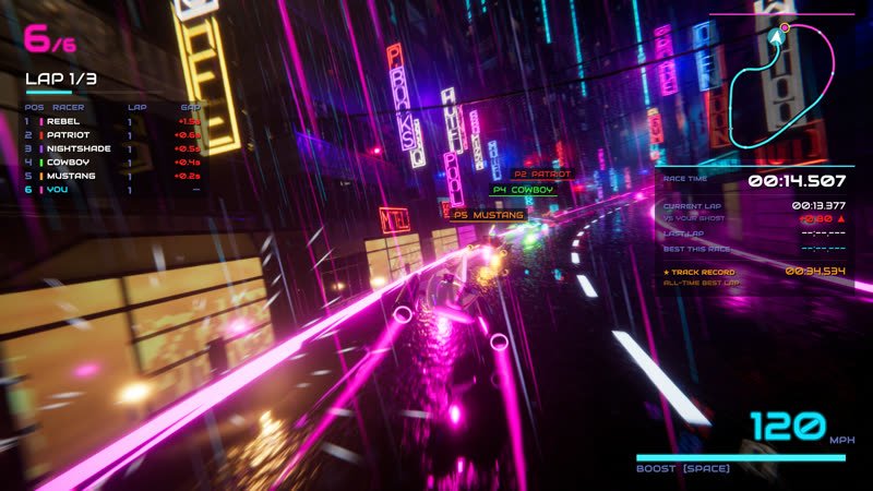 Racer banking through a New York street lined with tall neon blade signs