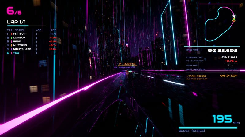 The road ahead from just over a hover racer's canopy, its dark nose low in the view and neon towers either side