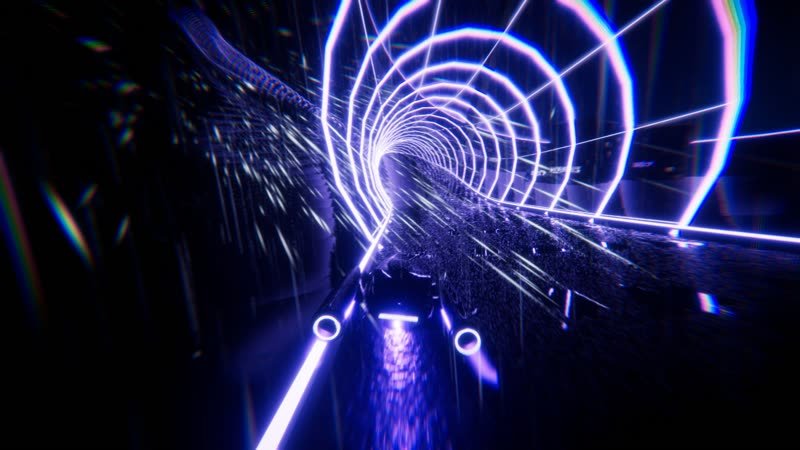 Racer entering a spiralling violet neon tube inside a space station