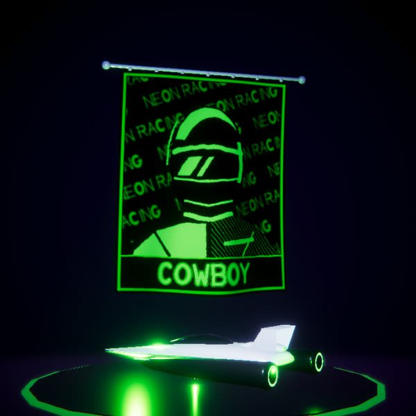 Cowboy's banner in green neon over his white hover racer with a green glow