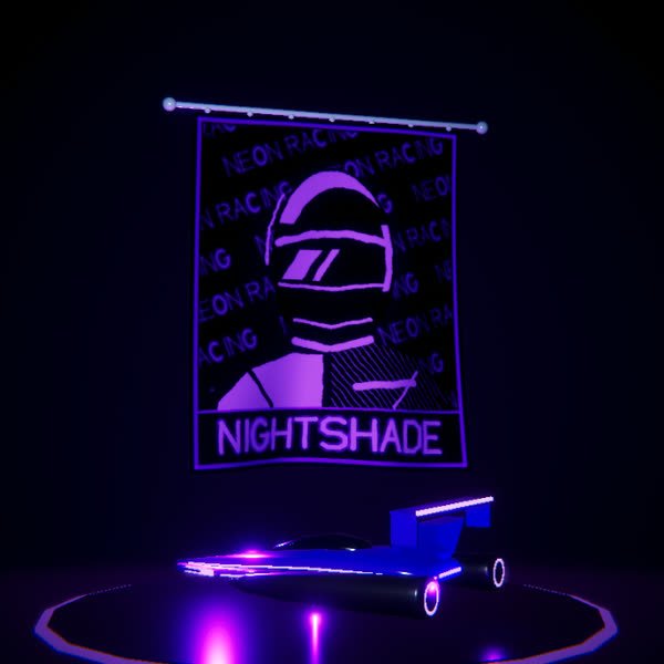 Nightshade's banner in violet neon over their violet Carver with its rear wing