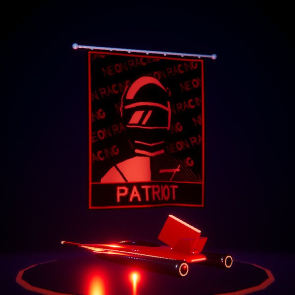 Patriot's banner in red neon over his red Interceptor with its tall rear wing