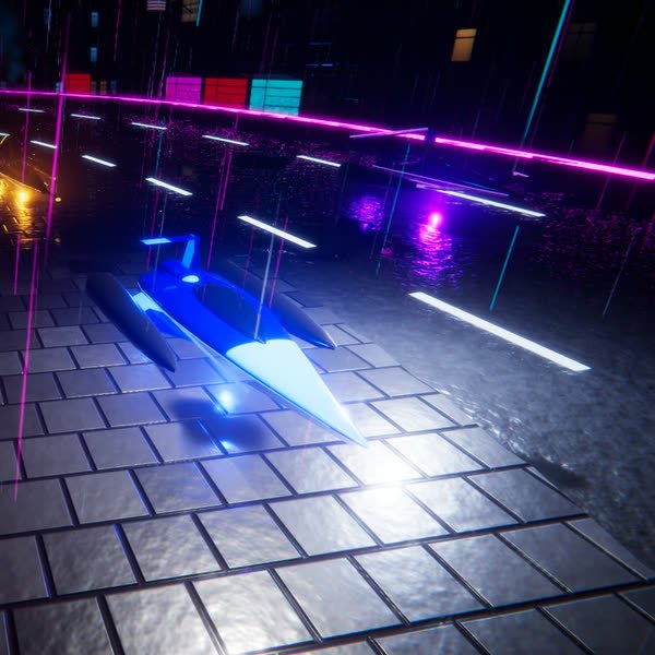 The player's cobalt hover racer with an electric-blue glow in the Garage, on wet cobbles under neon