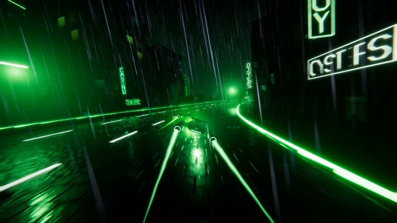 Racer passing green neon blade signs in New Orleans