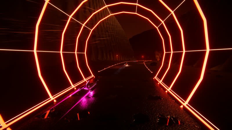 A hover racer through a tunnel of glowing red-orange rings under Mars