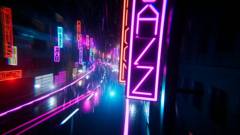 A wet New York street lined with neon blade signs, a tall JAZZ sign in the foreground and a racer in the distance