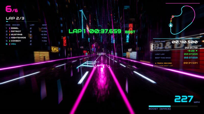 Hover racer on a rain-soaked neon street as the lap time flashes up in green