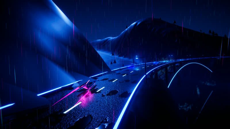 A hover racer on the coast highway between dark cliffs, an arch bridge ahead, all lit in blue neon