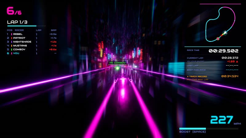 Racer at 227 MPH on a long straight between glowing pink rails, Cowboy tagged up ahead