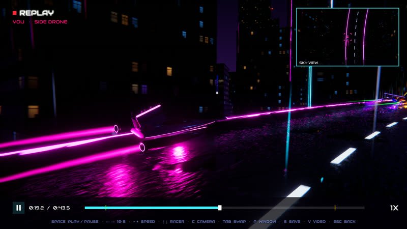 A race replay from a drone beside a pink hover racer, a top-down sky view in a window at the top right and the playback bar along the bottom