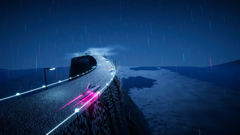 A pink hover racer on a granite ridge road lined with white lights, a sea of cloud far below in the moonlight