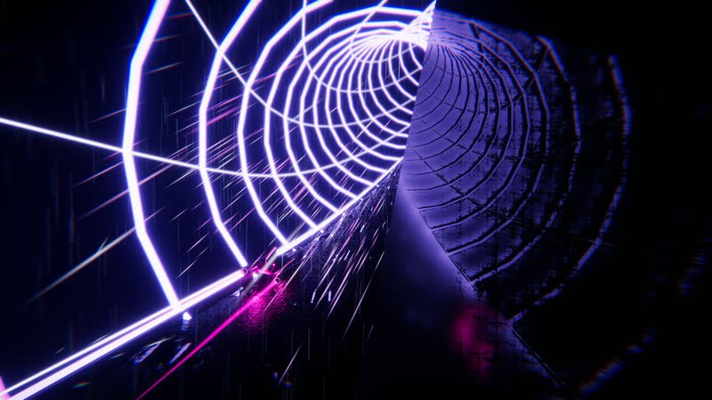A hover racer entering a spiralling tube of violet neon rings inside a space station
