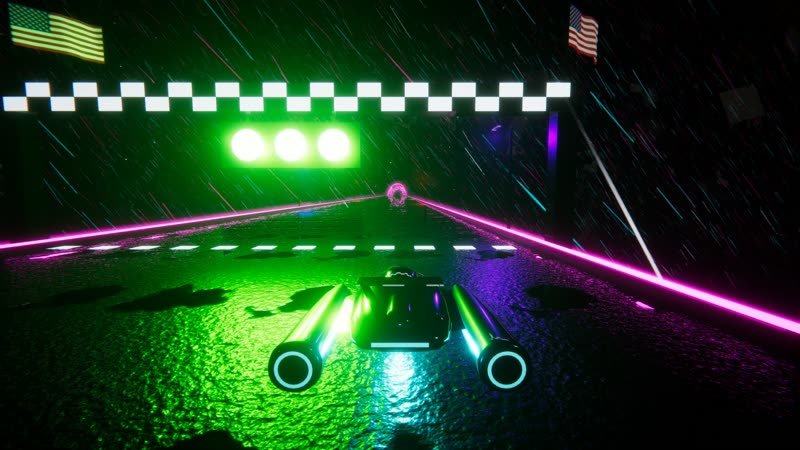 The starting lights turning green over a neon causeway in the asteroid belt