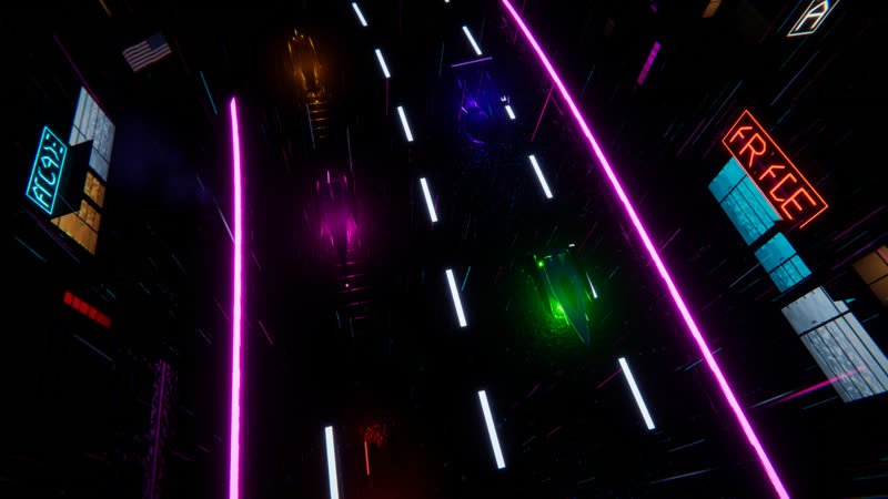 Looking straight down from the drone at the neon-lined street, a green hover racer on the grid below