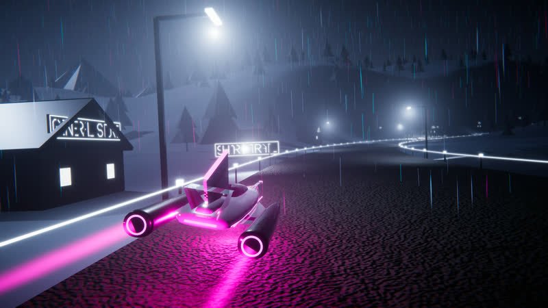 A pink hover racer passing a lit cabin on a snowy lakeshore at night