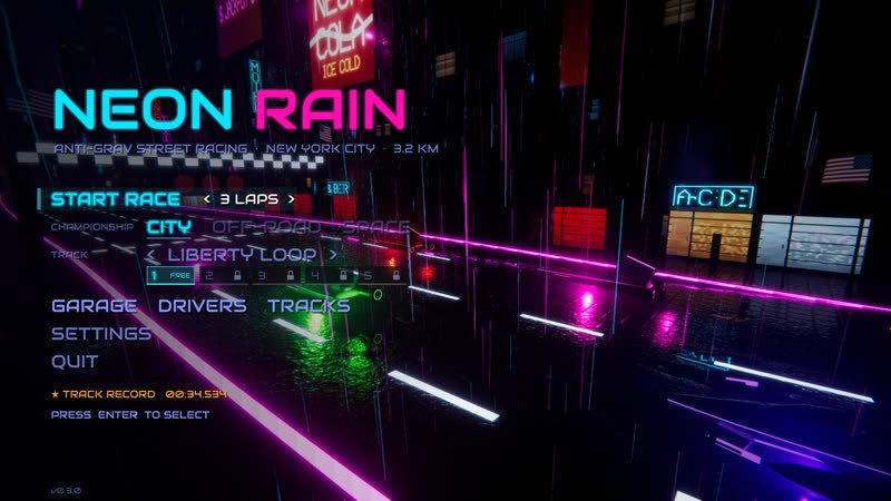 The Neon Rain title menu over a rain-soaked neon street: start race, championship, track, garage, drivers, tracks