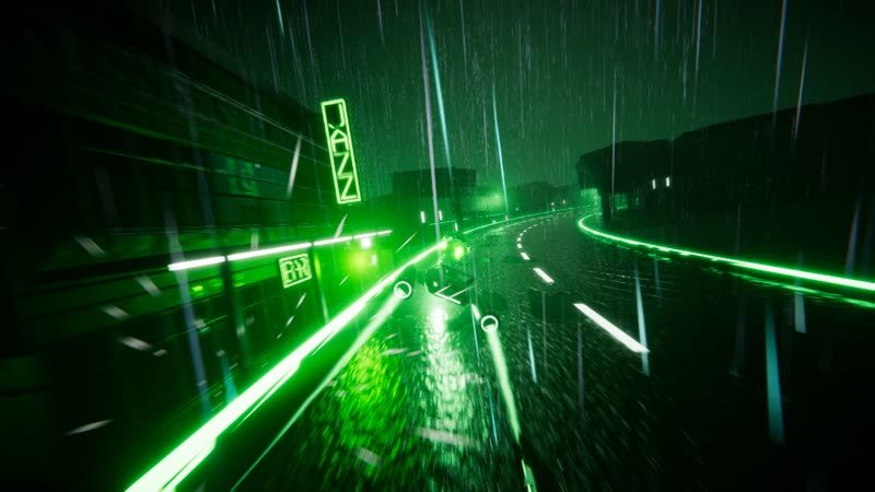 Hover racer in the French Quarter lit in green neon