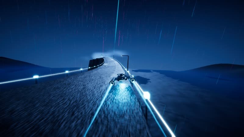 Hover racers on a narrow granite ridge at dusk, the land falling away far below, marked out in sky-blue neon