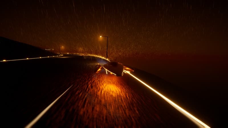 Hover racers on Titan beside the methane sea, marked out in orange neon