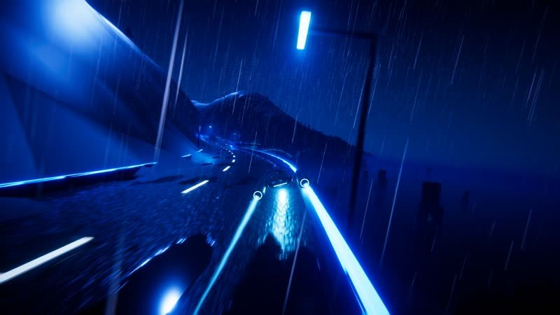 Hover racer on the Pacific Coast Highway lit in blue neon