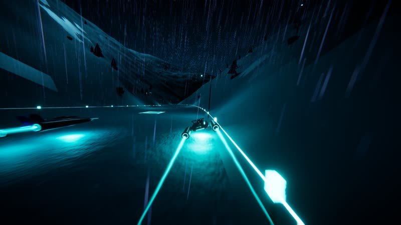 Hover racer on a floodlit ski slope marked out in aqua neon