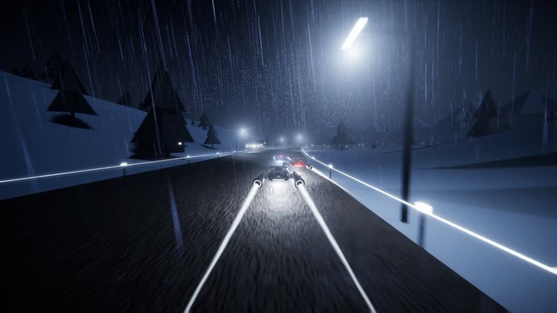 Hover racer on the frozen shore of Lake Tahoe marked out in white neon