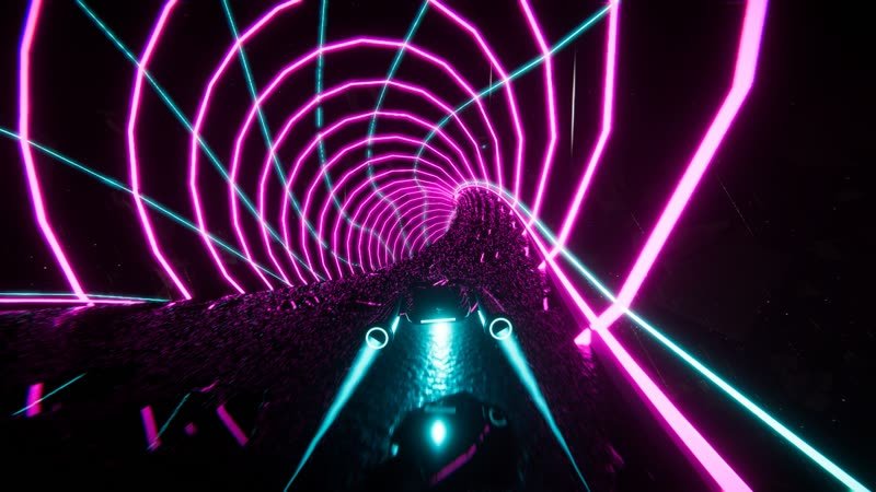 Drag race down a causeway through the asteroid belt in every neon colour