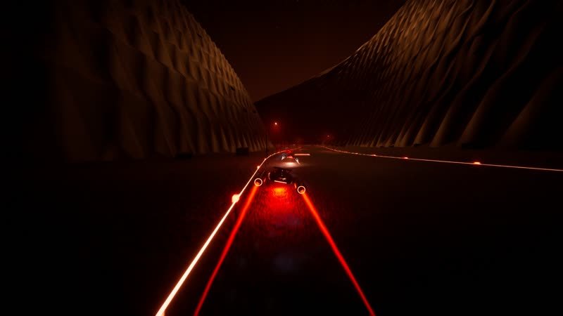 Hover racer in a Martian canyon dust storm lit in red neon