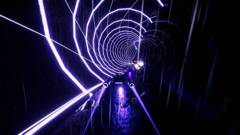 Hover racer inside a spinning ring station lit in violet neon
